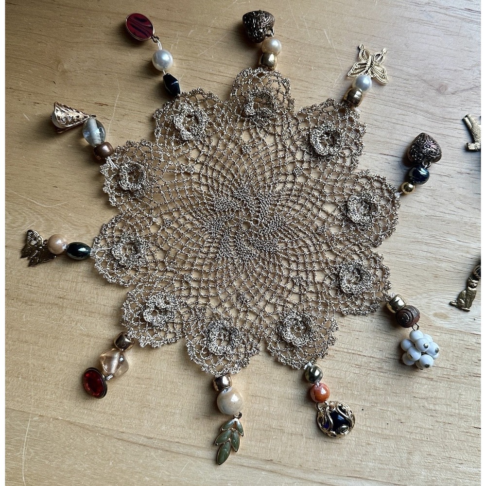 Vintage Handmade Two Crochet Lace Doily 4"-8" Jeweled Beaded Metal Animals Edge
